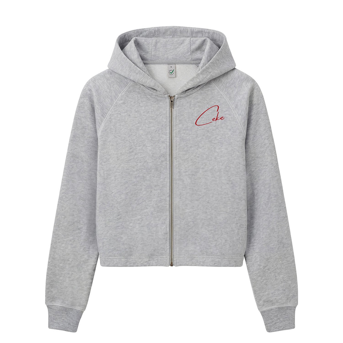 Light heather grey CeKe women's cropped hoodie in organic cotton