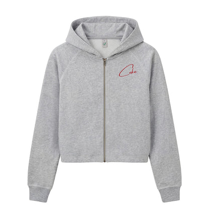 Light heather grey CeKe women's cropped hoodie in organic cotton