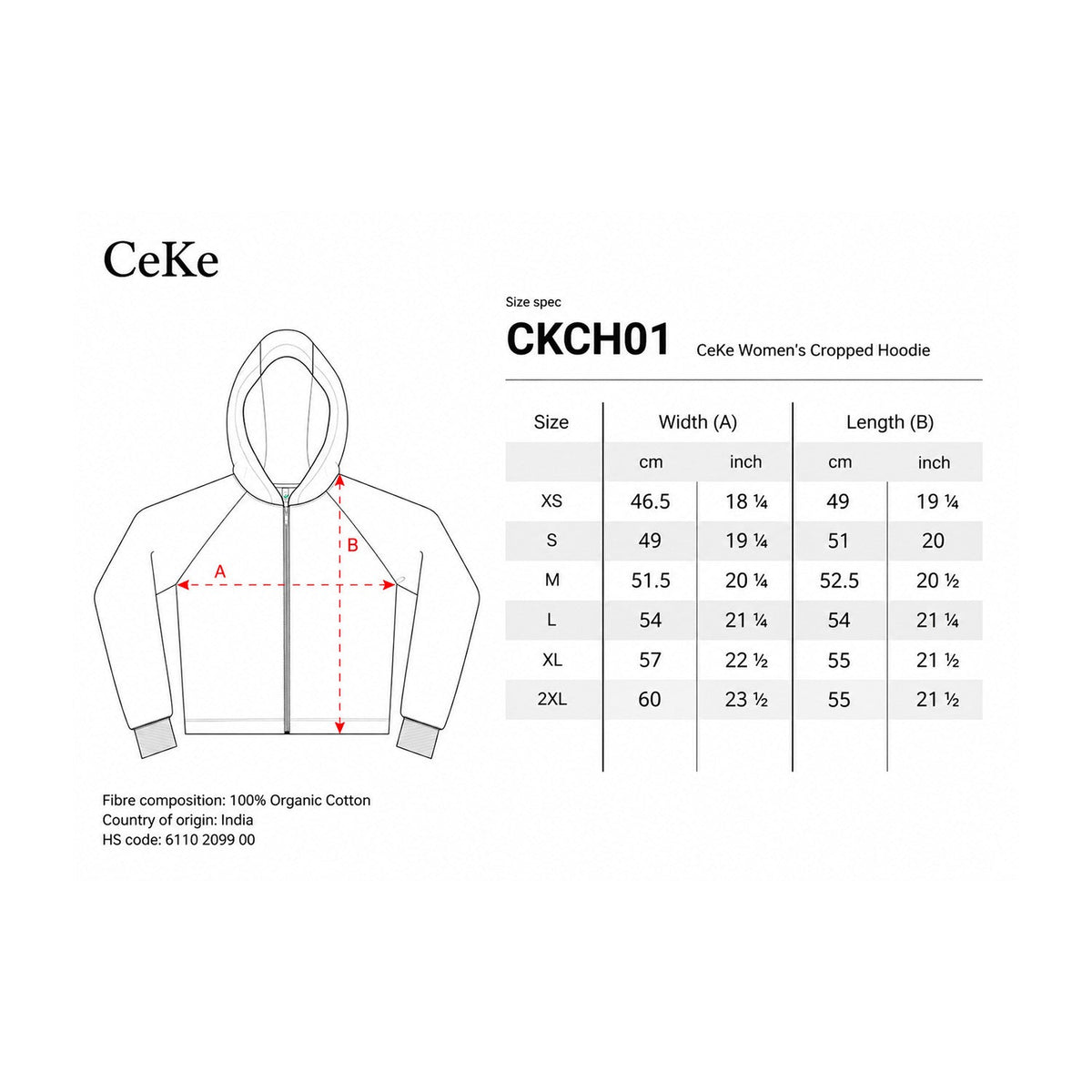 Size guide for the CeKe women's cropped hoodie