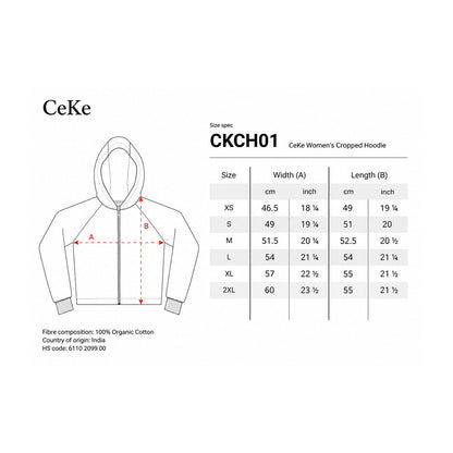 Size guide for the CeKe women's cropped hoodie