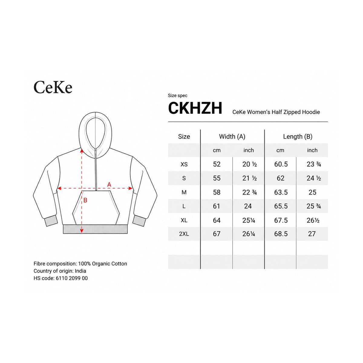 Guida alle taglie della felpa con mezza zip donna CeKe