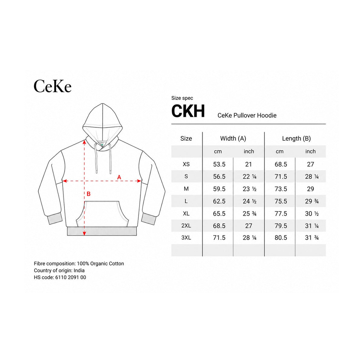 Guide des tailles du hoodie blanc CeKe Pass It On, du XS au XL