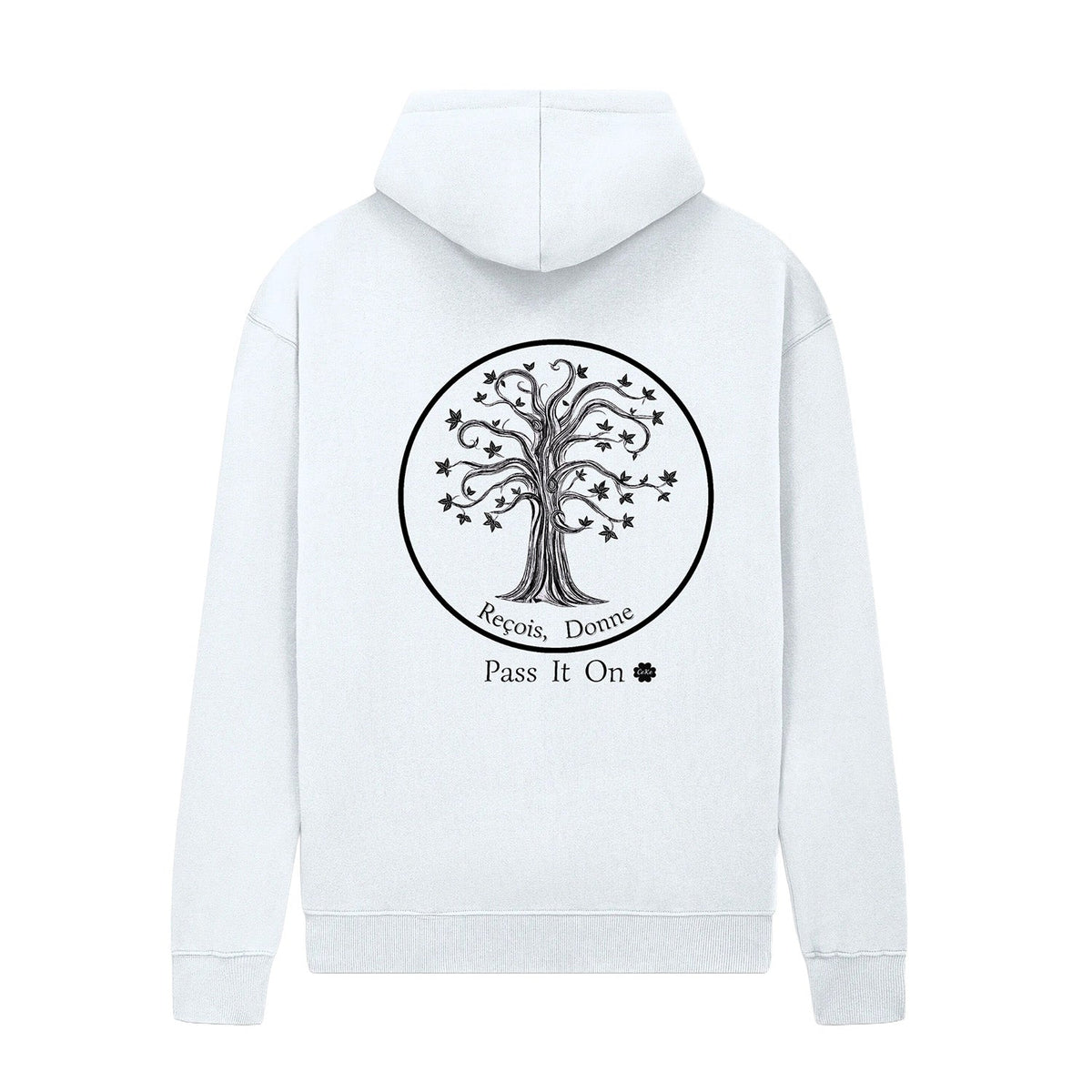 Hoodie blanc CeKe Pass It On avec logo CeKe rouge en écriture manuscrite sur la poitrine