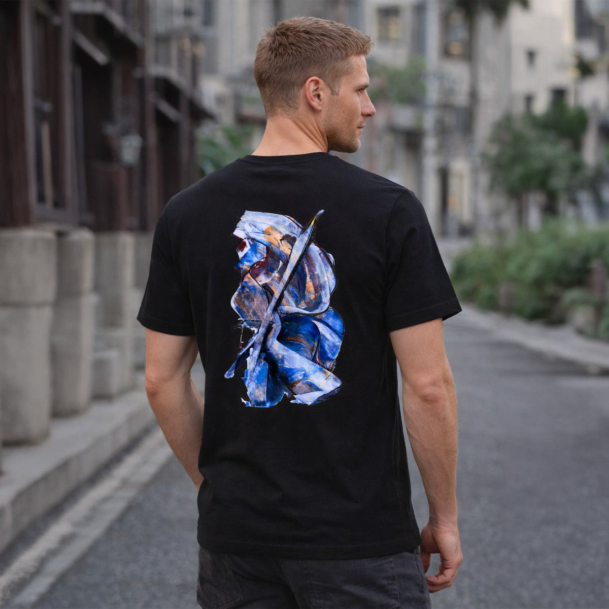 Black CeKe T-shirt, blue design inspired by contemporary painting