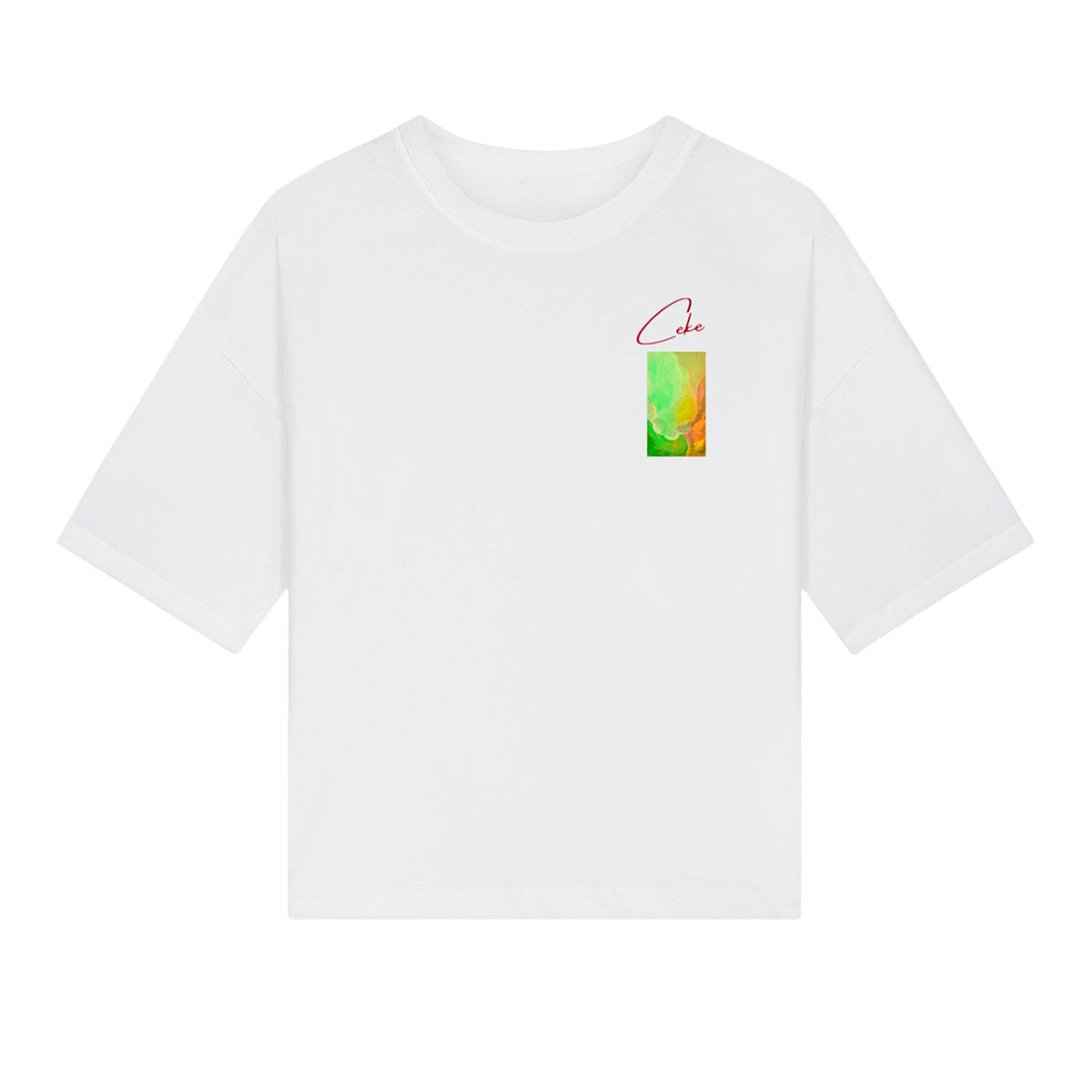T-shirt CeKe LELF design verde, taglio femminile e scollo aperto
