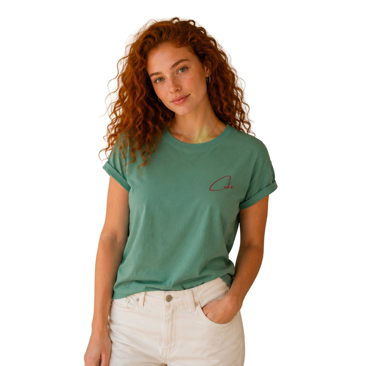 CeKe Damen-T-Shirt mit Krempelärmeln aus 155 g/m² Bio-Baumwolle