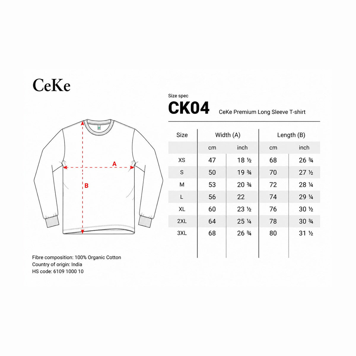 Größentabelle für das CeKe Organic Premium Langarmshirt