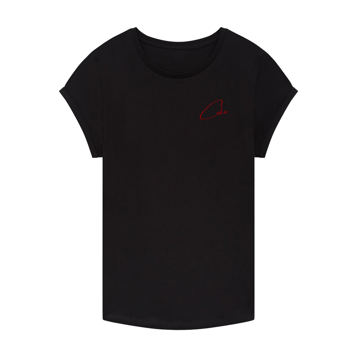 Schwarzes CeKe Damen-T-Shirt mit Krempelärmeln aus Bio-Baumwolle