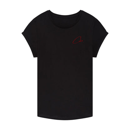 Schwarzes CeKe Damen-T-Shirt mit Krempelärmeln aus Bio-Baumwolle