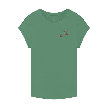 CeKe Damen-T-Shirt mit Krempelärmeln in Olive gewaschen aus Bio-Baumwolle