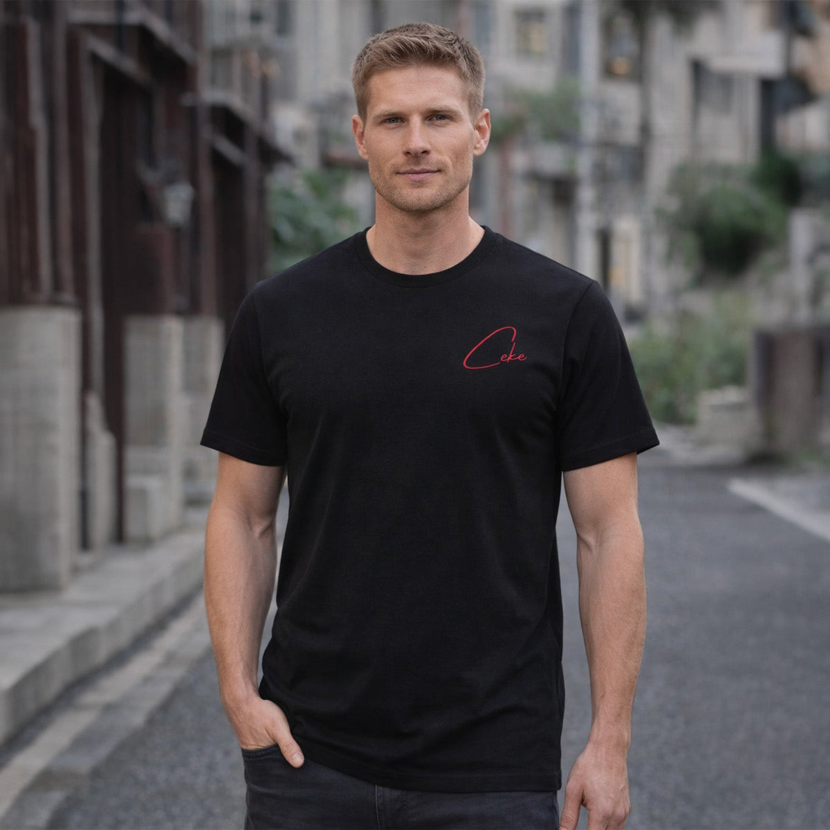 Black CeKe T-shirt with large blue print on the back