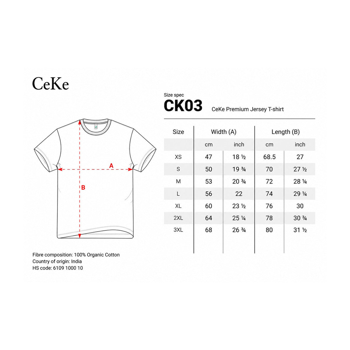 Guía de tallas de la camiseta CeKe Organic Premium